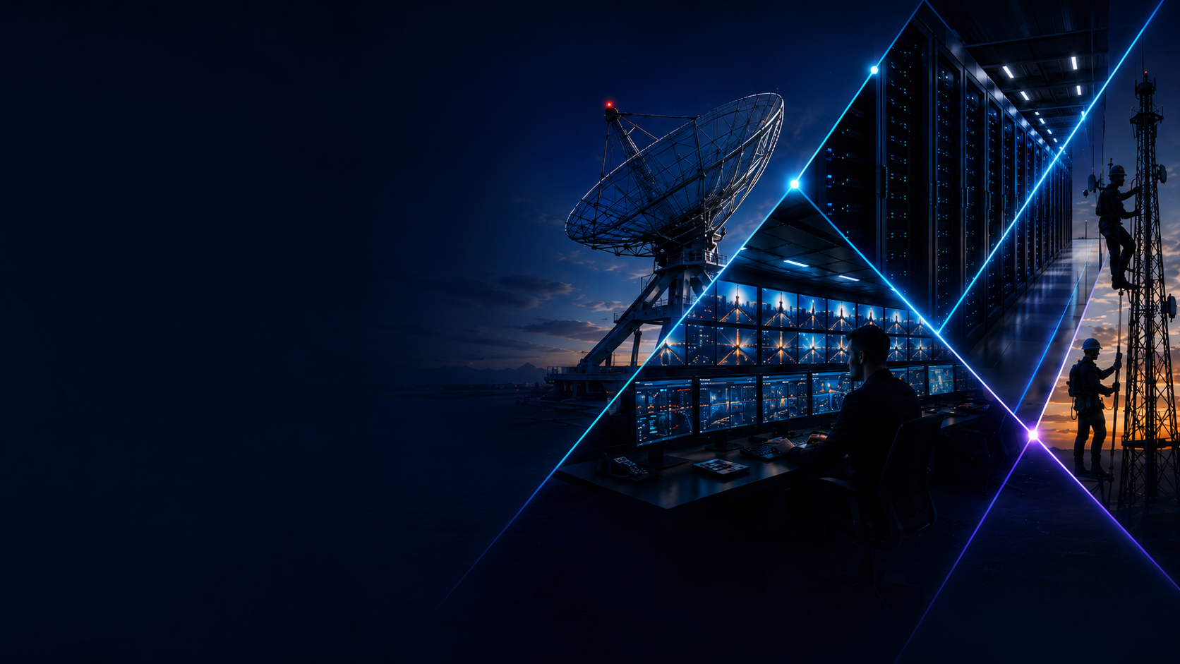 Satellite dish, data center, video operations control room, and field deployment towers at dusk.
